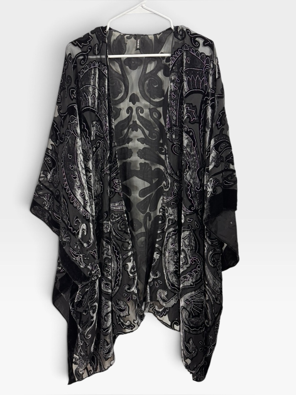 Torrid Cardigan One Size Black Velvet Burnout Paisley Artsy Boho Sheer Fairy